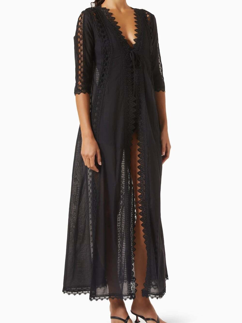 Charo Ruiz Ibiza Ali Lace Sheer Maxi Kimono Cover Up Black S Boho Luxury Resort - Picture 2 of 11